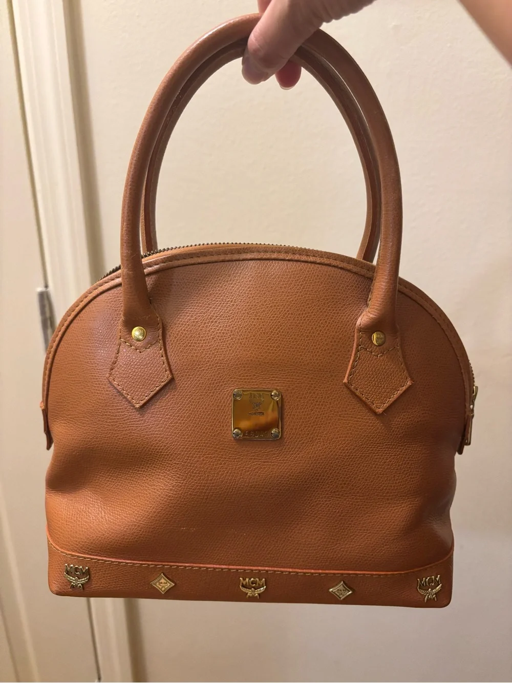 MCM Cognac Brown Leather Dome Satchel with Gold Hardware